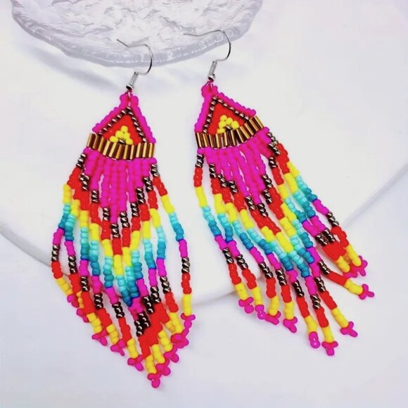 Earrings Seed Beads Handmade Glass Colorful Dangle Rainbow Boho Trendy Stylish - Picture 2 of 3